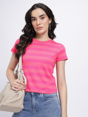 Glitchez Striped Women Round Neck Pink T-Shirt