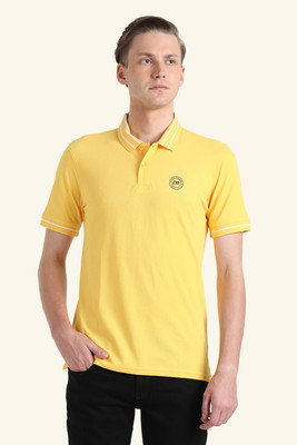 PETER ENGLAND Solid Men Polo Neck Yellow T-Shirt