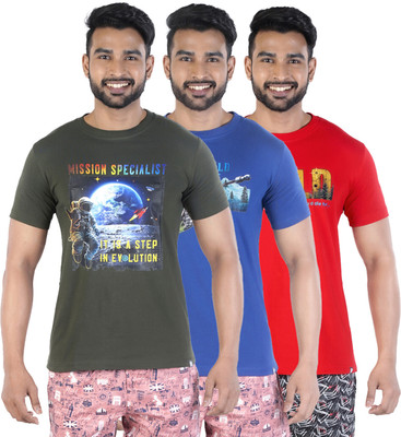 COLORS by Rupa Frontline Graphic Print Men Round Neck Dark Green, Dark Blue, Red T-Shirt
