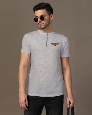 Lawful Casual Solid Men Mandarin Collar Silver T-Shirt