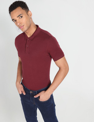 FLYING MACHINE Solid Men Polo Neck Maroon T-Shirt