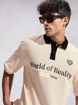 WROGN Printed Men Polo Neck Beige T-Shirt