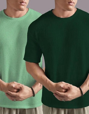 SR Fashion Self Design Men Round Neck Light Green, Dark Green T-Shirt