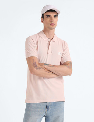 FLYING MACHINE Striped Men Polo Neck Pink T-Shirt