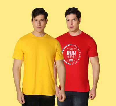 WOOSTRO Solid, Printed Men Round Neck Yellow, Red T-Shirt