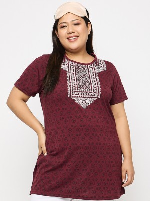 OGEN Printed Women Round Neck Black, Maroon T-Shirt