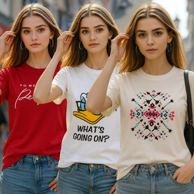 Fabflee Solid Women Round Neck Multicolor T-Shirt