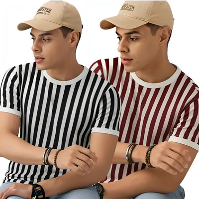 Gen Z Striped Men Round Neck Black, Maroon, White T-Shirt