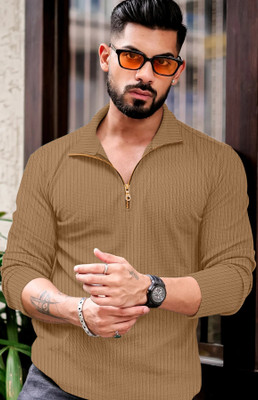 KAJARU Self Design Men Polo Neck Brown T-Shirt