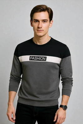 FASHIUM Colorblock Men Round Neck Grey, Black T-Shirt