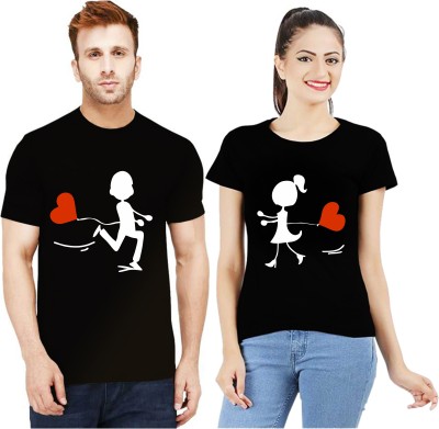 Uniplanet Store Graphic Print Couple Round Neck Black T-Shirt