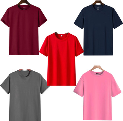 TTFE Solid Men Round Neck Grey, Red, Navy Blue, Pink, Maroon T-Shirt