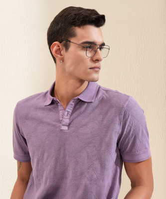 HIGHLANDER Self Design Men Polo Neck Purple T-Shirt