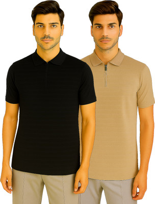 R ROCKIN TEES Solid Men Zip Neck Black, Beige T-Shirt