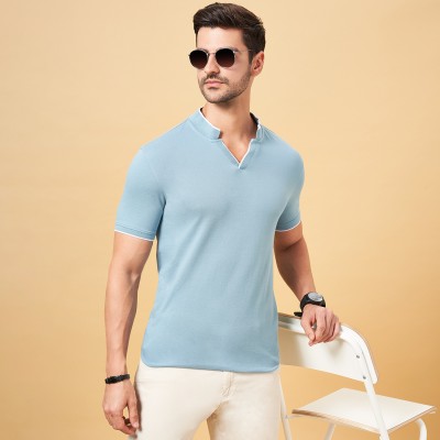 Byford by Pantaloons Solid Men Mandarin Collar Light Blue T-Shirt