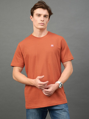 Club York Self Design Men Round Neck Orange T-Shirt