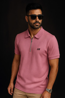 Ajmir Style Hub Self Design Men Polo Neck Pink T-Shirt
