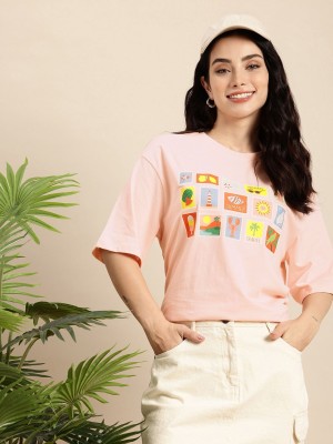 Mast & Harbour Printed Women Round Neck Pink T-Shirt