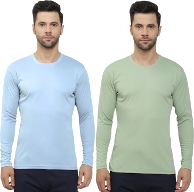 MISSILLE Solid Men Round Neck Light Green, Light Blue T-Shirt