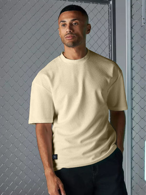 MANIAC Solid Men Round Neck Beige T-Shirt