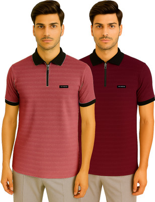 RMLKN Striped Men Zip Neck Multicolor T-Shirt