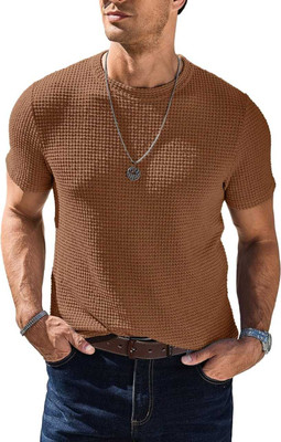 boombaam Self Design Men Round Neck Brown T-Shirt