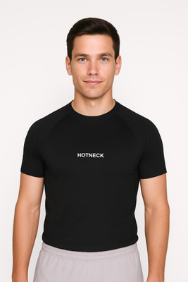 hotneck Self Design, Solid Men Round Neck Black T-Shirt