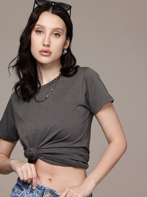Moda Rapido Solid Women Round Neck Grey T-Shirt