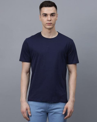 AFW Solid Men Round Neck Navy Blue T-Shirt