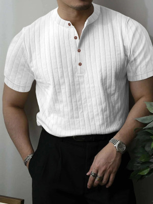 EyeBogler Self Design Men Zip Neck White T-Shirt