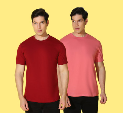 WOOSTRO Solid Men Round Neck Maroon, Pink T-Shirt