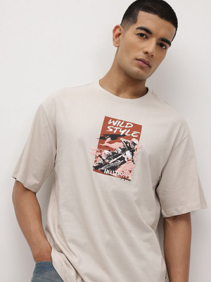 Roadster Printed Men Round Neck Beige T-Shirt