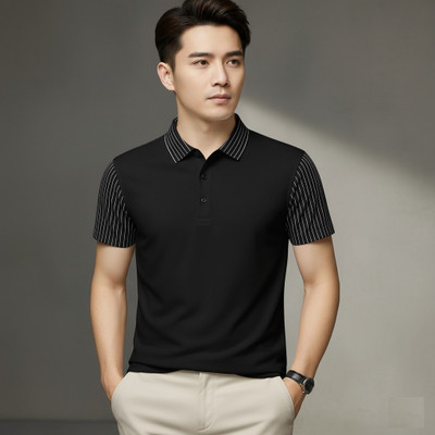 SHUBHAM CREATION Solid, Striped Men Polo Neck Black T-Shirt