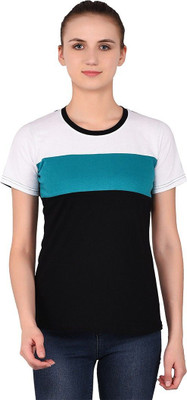 Lawful Casual Colorblock Women Round Neck White, Black, Light Green T-Shirt