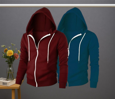 Try This Solid Men Hooded Neck Maroon, Dark Blue T-Shirt