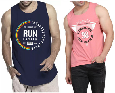 WOOSTRO Graphic Print Men Scoop Neck Dark Blue, Pink T-Shirt