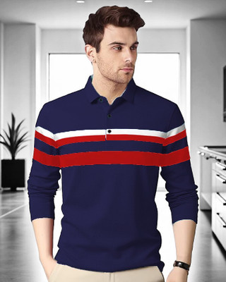 Autna Solid Men Polo Neck Navy Blue, Red T-Shirt