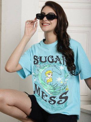 Fabflee Printed Women Round Neck Light Blue T-Shirt