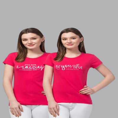 ZAVERA Printed Women Round Neck Pink T-Shirt