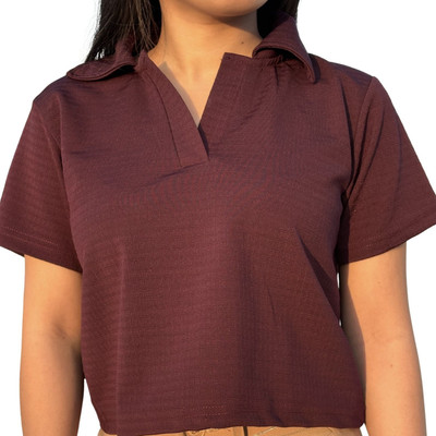 KALSARIYAS Self Design Women Polo Neck Maroon T-Shirt