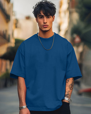 AOOSH Solid Men Round Neck Dark Blue T-Shirt