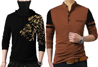 TRIPR Colorblock Men Mandarin Collar Black, Brown T-Shirt