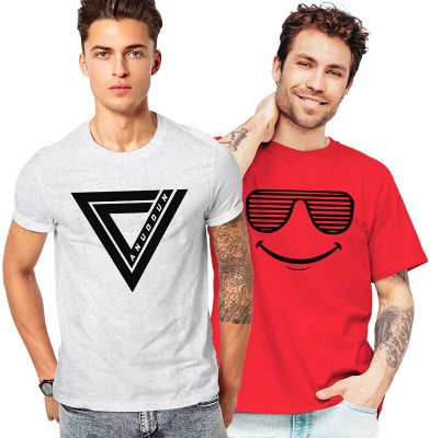 FADMARK Printed Men Round Neck Grey, Red T-Shirt