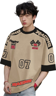Jump Cuts Self Design Men Round Neck Beige T-Shirt