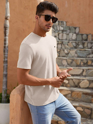 KEX Self Design Men Round Neck Beige T-Shirt
