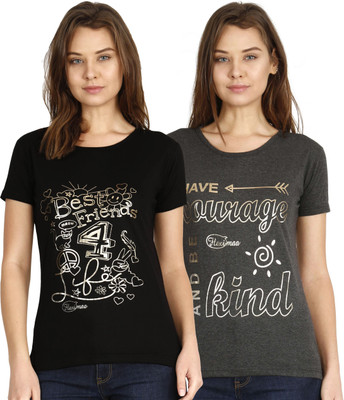 Fleximaa Typography Women Round Neck Black, Grey T-Shirt