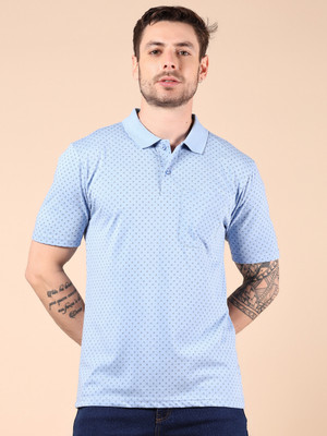 V-MART Printed Men Polo Neck Blue T-Shirt