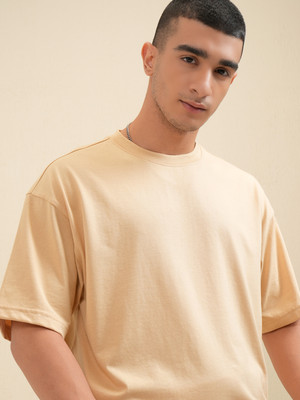 HIGHLANDER Solid Men Round Neck Beige T-Shirt