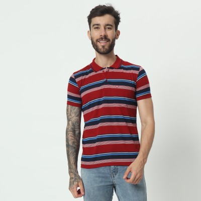 TAB91 Striped Men Polo Neck Red T-Shirt