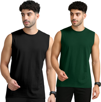 Adorbs Solid Men Round Neck Black, Dark Green T-Shirt